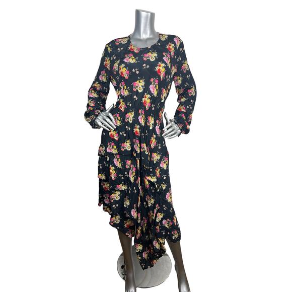 Preen Line Thornton Bregazzi Black Floral Asymmetrical Midi Dress Long Sleeve S - Picture 1 of 13